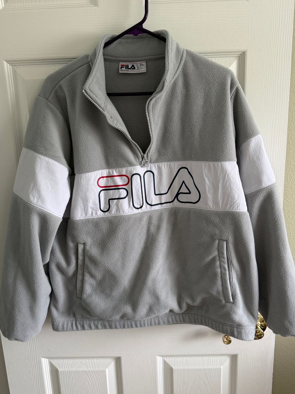 FILA Quarter Zip Fleece Pullover Grey Colorblock Logo L